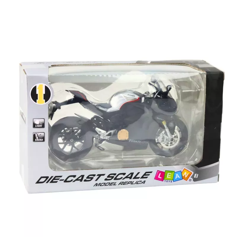 LEAN TOYS Sports Motorcycle Metal Lights Sounds Silver Elements Black V4 1:12