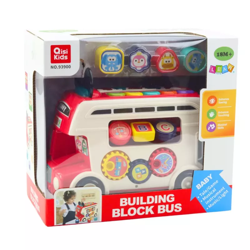 LEAN TOYS Interaktywny autobus edukacyjny sortownik kształtów światła dźwięki czerwony