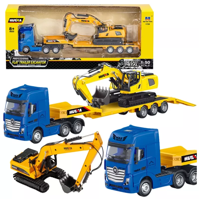 Huina 1:50 Diecast Truck with Trailer Tow Truck Metal Excavator Yellow