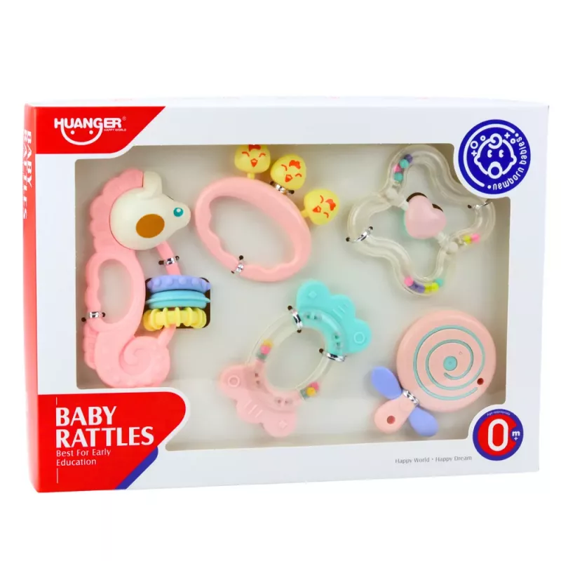 LEAN TOYS Zestaw sensorycznych grzechotek i gryzaków dla niemowląt Różowy 5 szt.