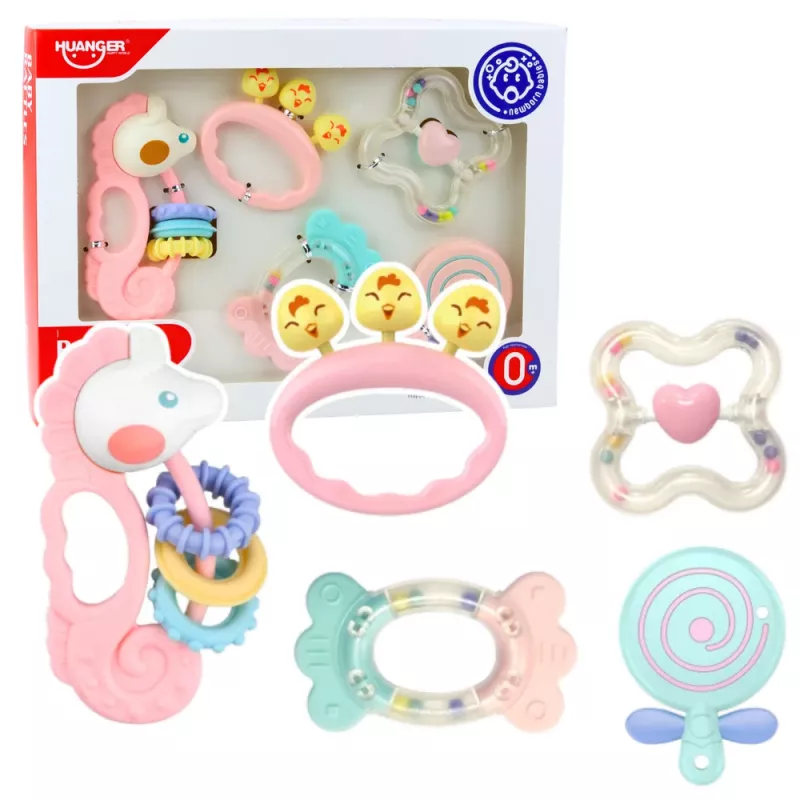 LEAN TOYS Zestaw sensorycznych grzechotek i gryzaków dla niemowląt Różowy 5 szt.