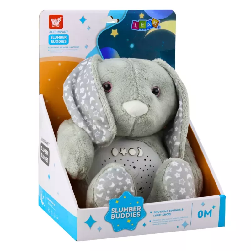 LEAN TOYS Pluszowy Królik do Spania Przytulanka z Projektorem, Dźwiękiem i Czujnikiem Płaczu - Szary