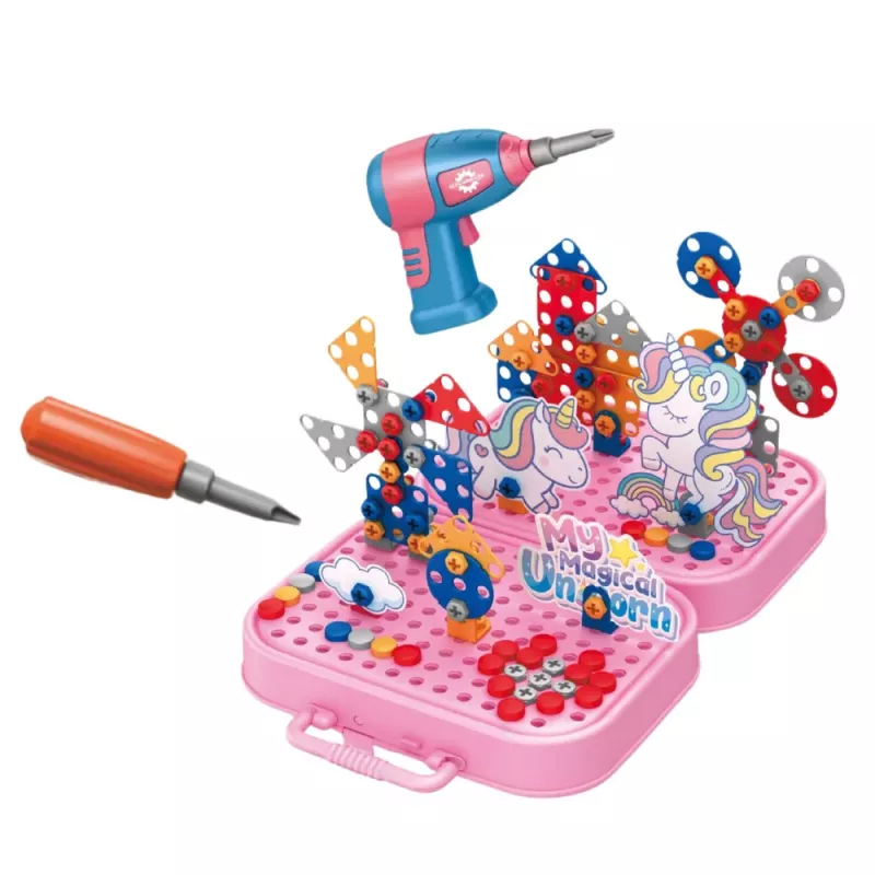 LEAN TOYS DIY Zestaw Klocków Konstrukcyjnych z Wiertarką Jednorożec