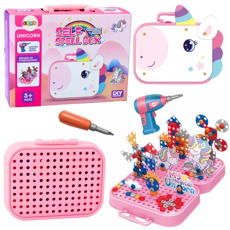 LEAN TOYS DIY Zestaw Klocków Konstrukcyjnych z Wiertarką Jednorożec