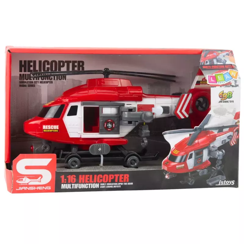 LEAN TOYS Rescue Helicopter with Hook, Stretcher, Lights & Sounds, Red, 1:16 Scale