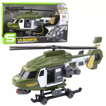 LEAN TOYS Śmigłowiec Wojskowy z Hakiem i Noszami, Światła i Dźwięki, Khaki, Skala 1:16