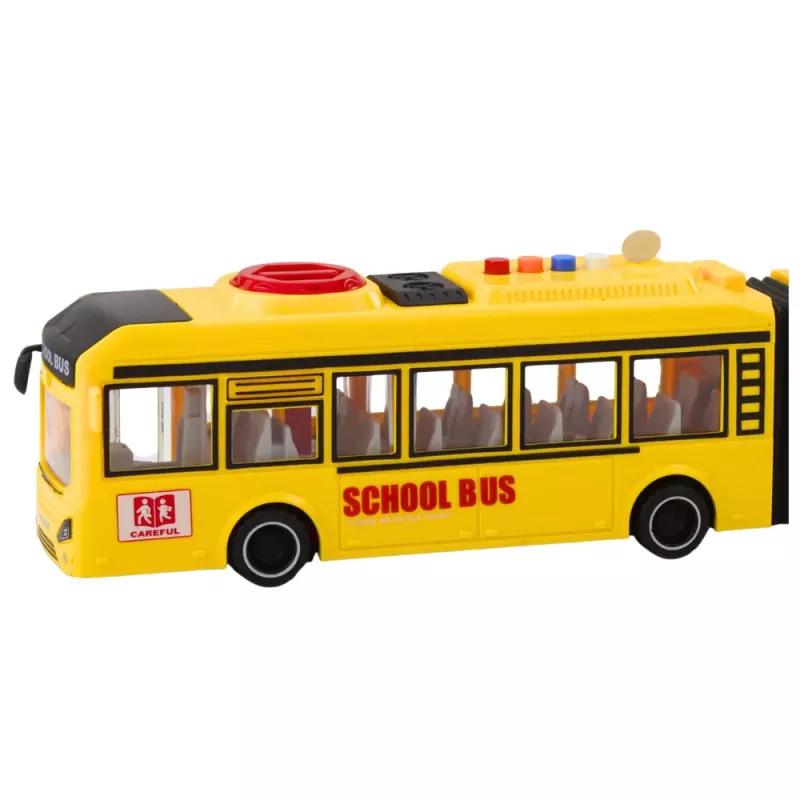 LEAN TOYS Autobus szkolny przegubowy z otwieranymi drzwiami, światłami, dźwiękami, żółty, skala 1:16
