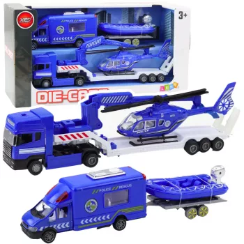 LEAN TOYS Zestaw policyjny: samochód, łódź, ciężarówka, helikopter – niebieski