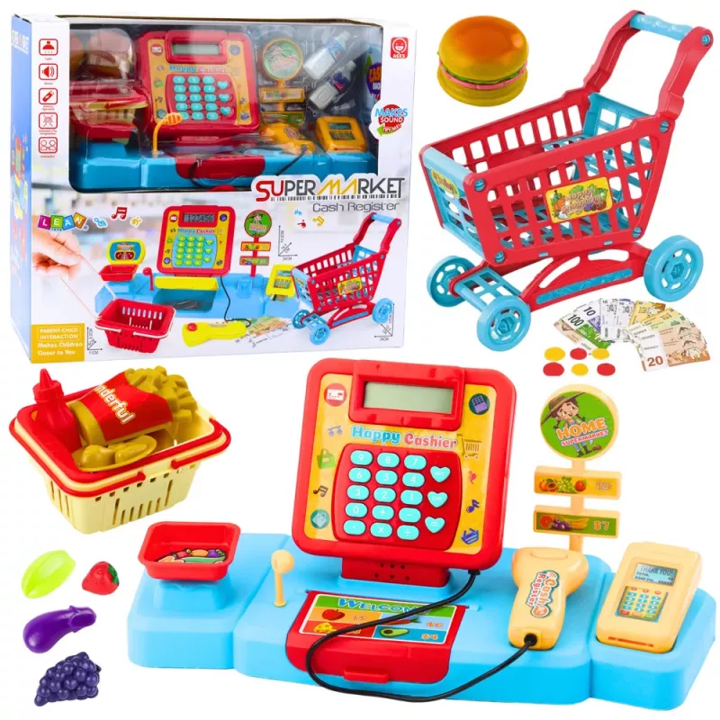 LEAN TOYS Zestaw Sklepowy Koszyk Zakupowy Produkty Spożywcze Światła Dźwięki Kolorowy