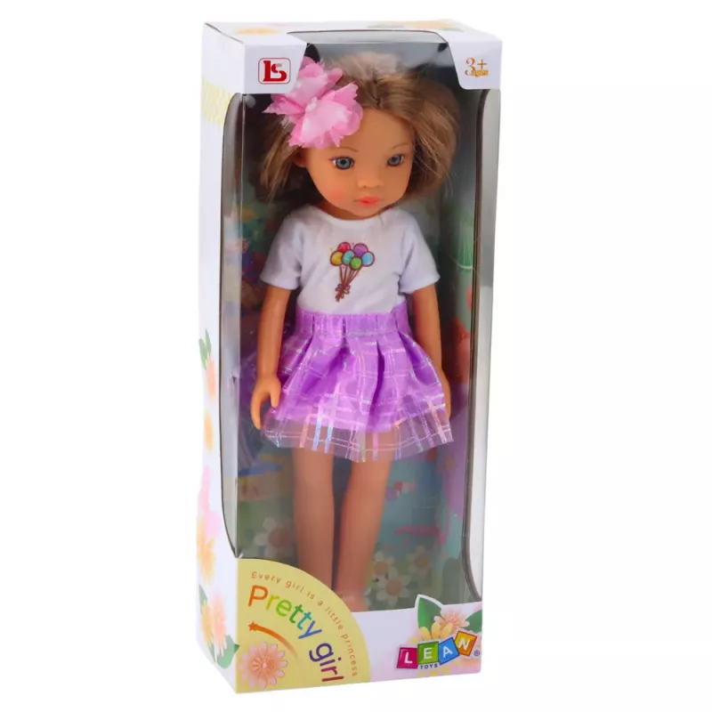 LEAN TOYS Lalka w fioletowej sukni z długimi brązowymi włosami i spinką z kwiatkiem