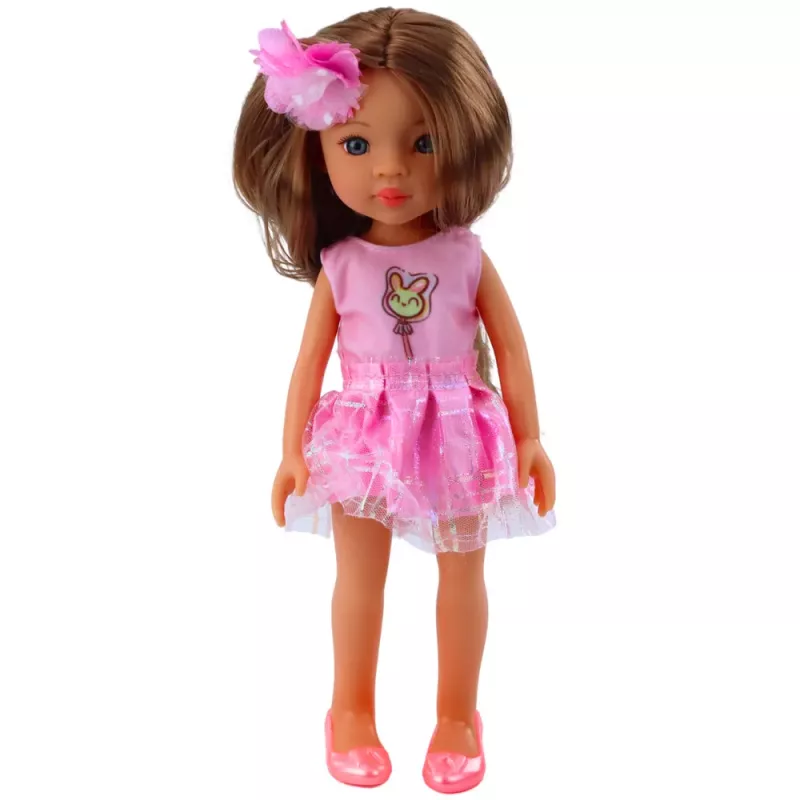 LEAN TOYS Lalka w różowej sukience, długie brązowe włosy, spinka z kwiatkiem