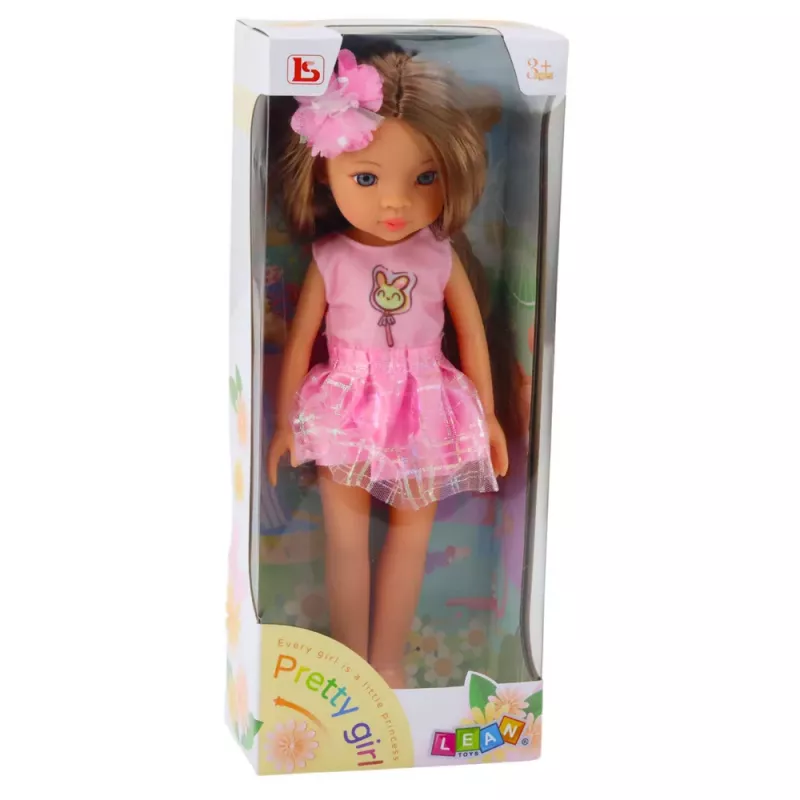 LEAN TOYS Lalka w różowej sukience, długie brązowe włosy, spinka z kwiatkiem