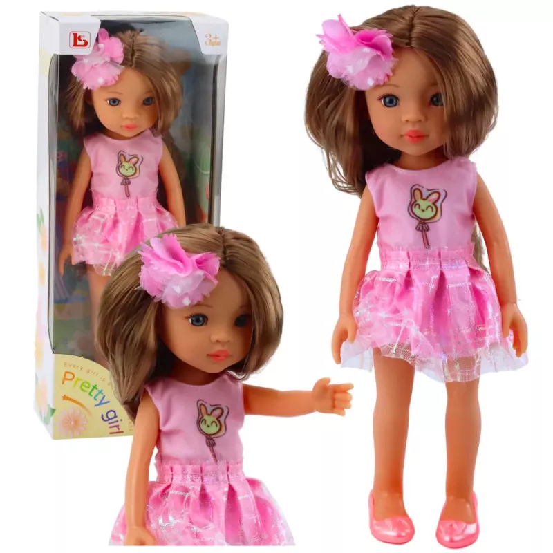 LEAN TOYS Lalka w różowej sukience, długie brązowe włosy, spinka z kwiatkiem