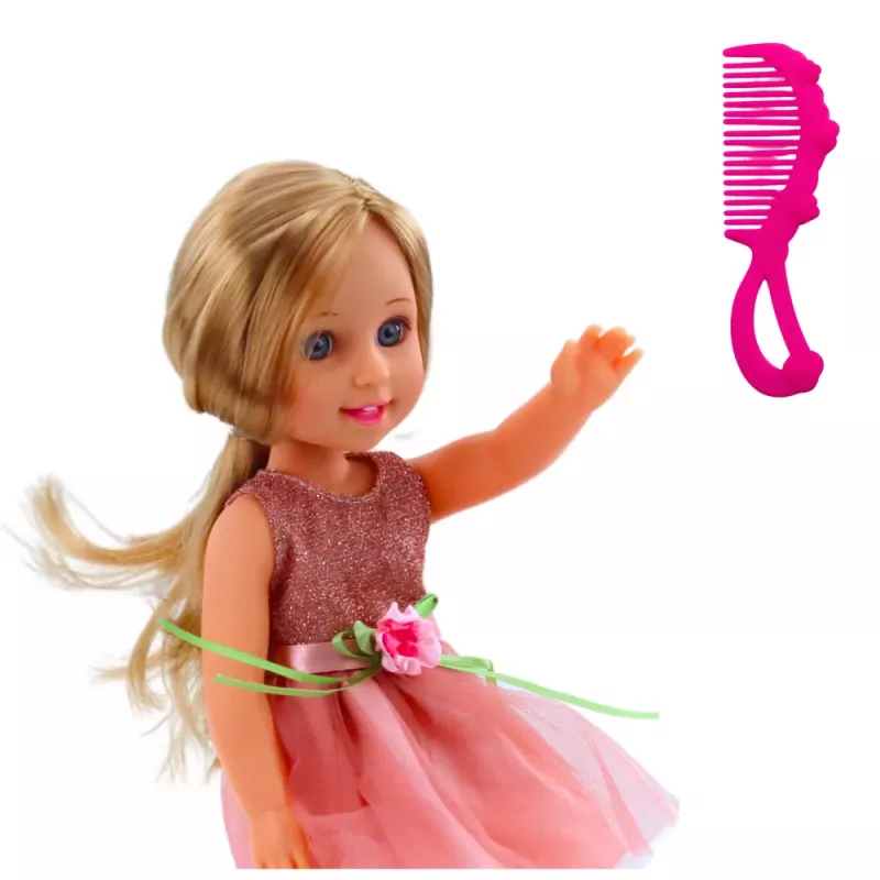 LEAN TOYS Lalka w Sukience z Kokardą, Długie Włosy, Różowa, Grzebień, 38cm