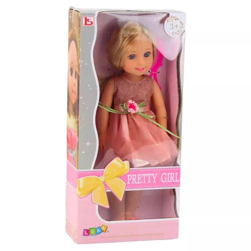 LEAN TOYS Lalka w Sukience z Kokardą, Długie Włosy, Różowa, Grzebień, 38cm