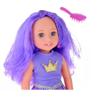 LEAN TOYS Lalka w Sukience z Koroną Długie Włosy Fioletowa Szczotka 38cm