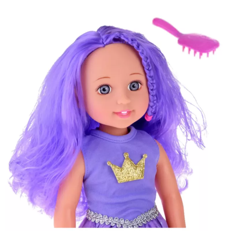 LEAN TOYS Lalka w Sukience z Koroną Długie Włosy Fioletowa Szczotka 38cm