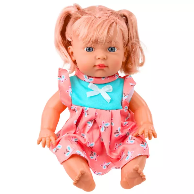 LEAN TOYS Baby Doll z Kolorową Sukienką, Kucykiem, Butelką, Dźwiękiem