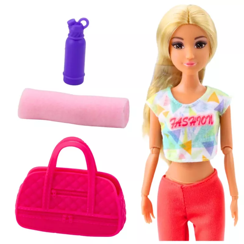 LEAN TOYS Lalka Anlily Yoga z matą do ćwiczeń, butelką na wodę, torbą sportową, ruchomymi kończynami, 29 cm, blond włosy, niebieskie oczy, sportowy strój, dla dzieci 3+