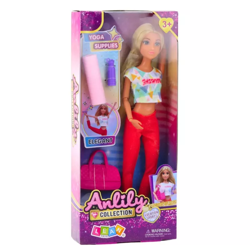 LEAN TOYS Lalka Anlily Yoga z matą do ćwiczeń, butelką na wodę, torbą sportową, ruchomymi kończynami, 29 cm, blond włosy, niebieskie oczy, sportowy strój, dla dzieci 3+