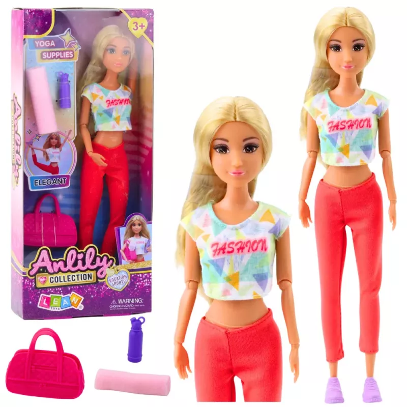 LEAN TOYS Lalka Anlily Yoga z matą do ćwiczeń, butelką na wodę, torbą sportową, ruchomymi kończynami, 29 cm, blond włosy, niebieskie oczy, sportowy strój, dla dzieci 3+