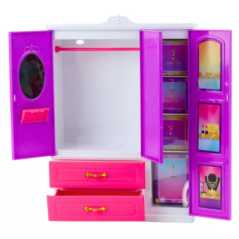 LEAN TOYS Anlily Szafa dla Lalek z Półkami, Szufladami i Akcesoriami do Garderoby 24 szt.