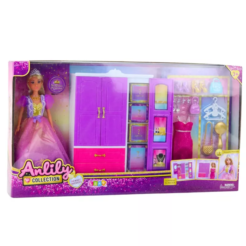 LEAN TOYS Anlily Szafa dla Lalek z Półkami, Szufladami i Akcesoriami do Garderoby 24 szt.
