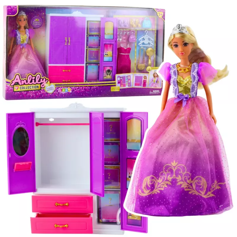LEAN TOYS Anlily Szafa dla Lalek z Półkami, Szufladami i Akcesoriami do Garderoby 24 szt.