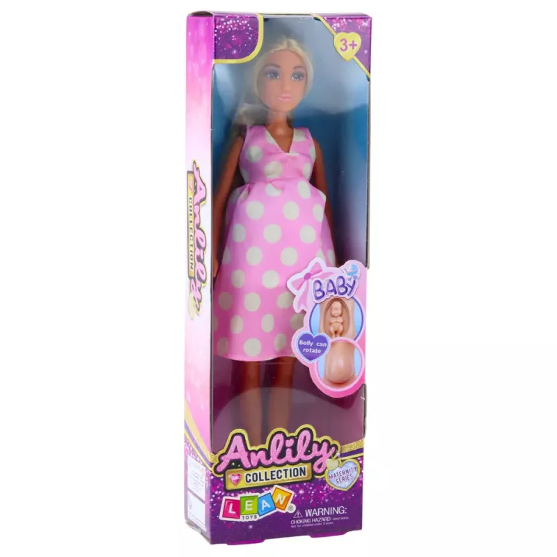 LEAN TOYS Anlily Lalka w ciąży, jasnoróżowa sukienka w groszki, długie włosy