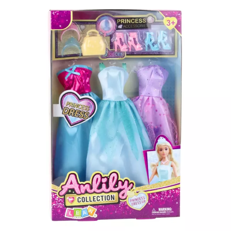 LEAN TOYS Anlily Zestaw Sukienek dla Lalki Buty Torebka Korony Akcesoria 9 szt.