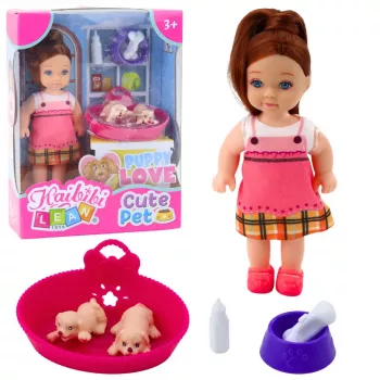 LEAN TOYS Mini Zestaw Lalek z Dwoma Szczeniakami, Łóżkiem, Miska, Butelką