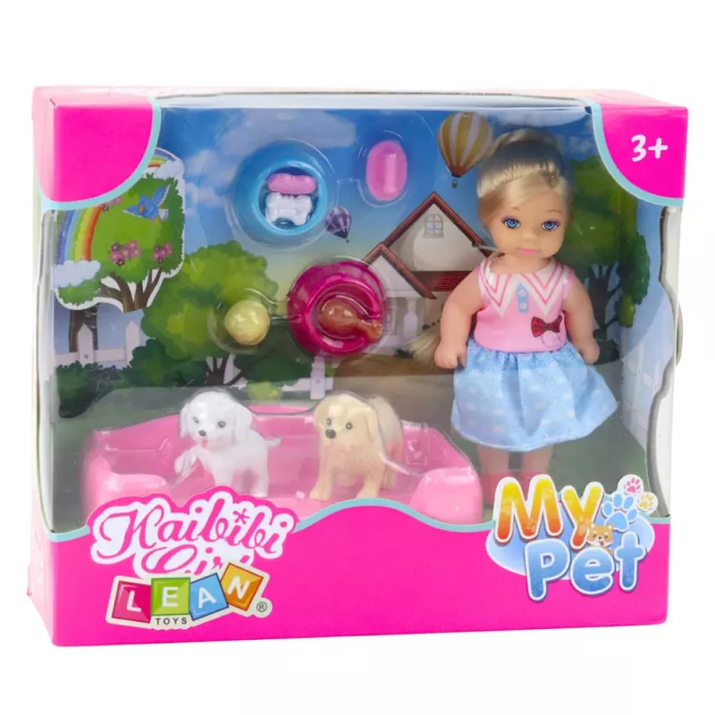 LEAN TOYS Mini Zestaw Lalek z Dwoma Psami, Łóżkiem i Miskiem na Karmę