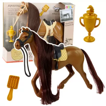 LEAN TOYS Koń z długą grzywą, siodło, kubek, szczotka, akcesoria, brązowy