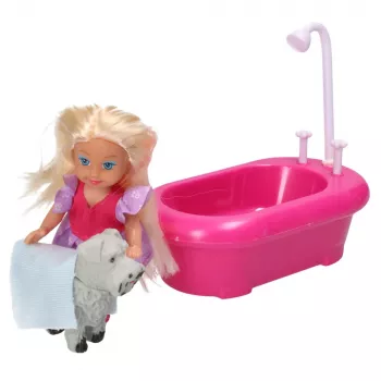 LEAN TOYS Mini Zestaw Lalek z Wanną i Białym Pieskiem Różowy