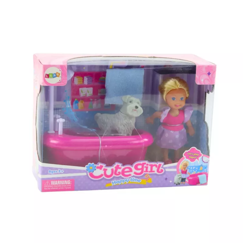 LEAN TOYS Mini Zestaw Lalek z Wanną i Białym Pieskiem Różowy