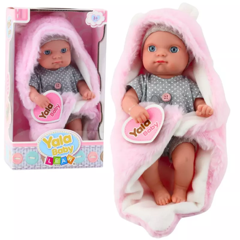 LEAN TOYS Baby Doll in Grey Pajamas with Pink Bunny Blanket, 23 cm