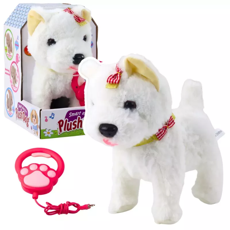 LEAN TOYS Interaktywny pies z kokardkami na smyczy chodzi i szczeka Biały