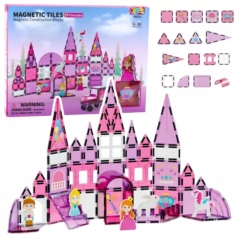 LEAN TOYS Magnetyczne Klocki z Okienkami dla Dziewczynek Róż 58 szt.