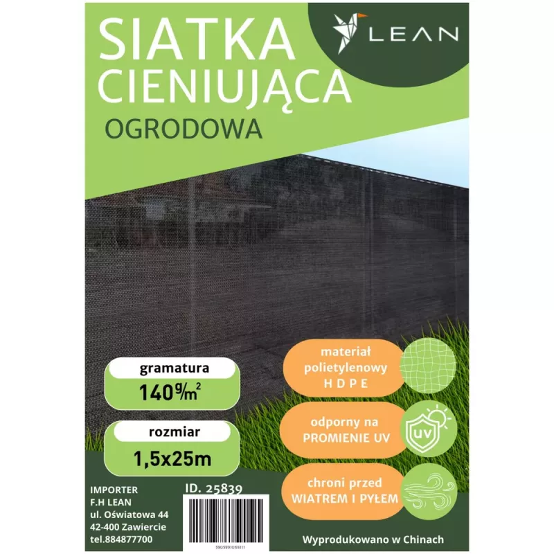 Siatka zacieniająca LEAN na ogrodzenie maskująca szara 1,5m 25m 140g/m²