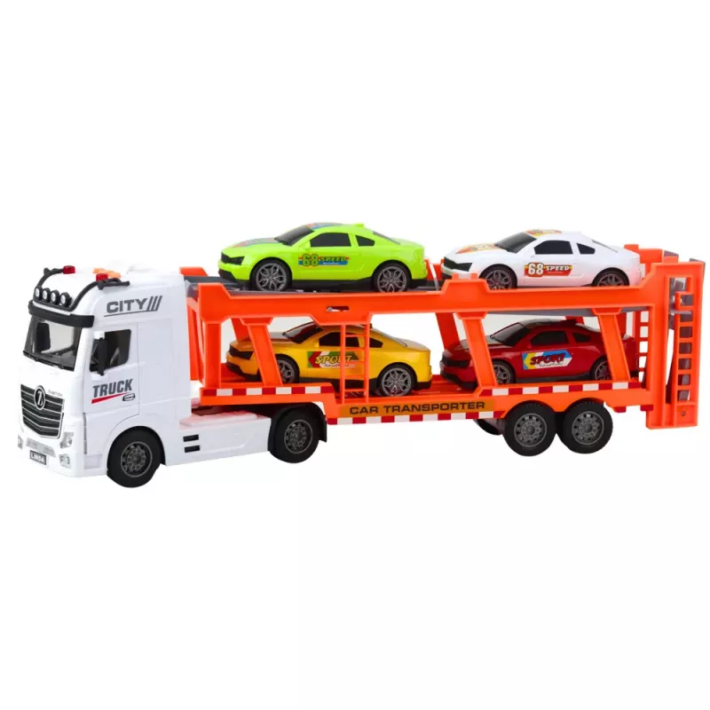 LEAN TOYS Lora Truck Zestaw Laweta z 4 Samochodami, Otwierane Drzwi, Światła i Dźwięki