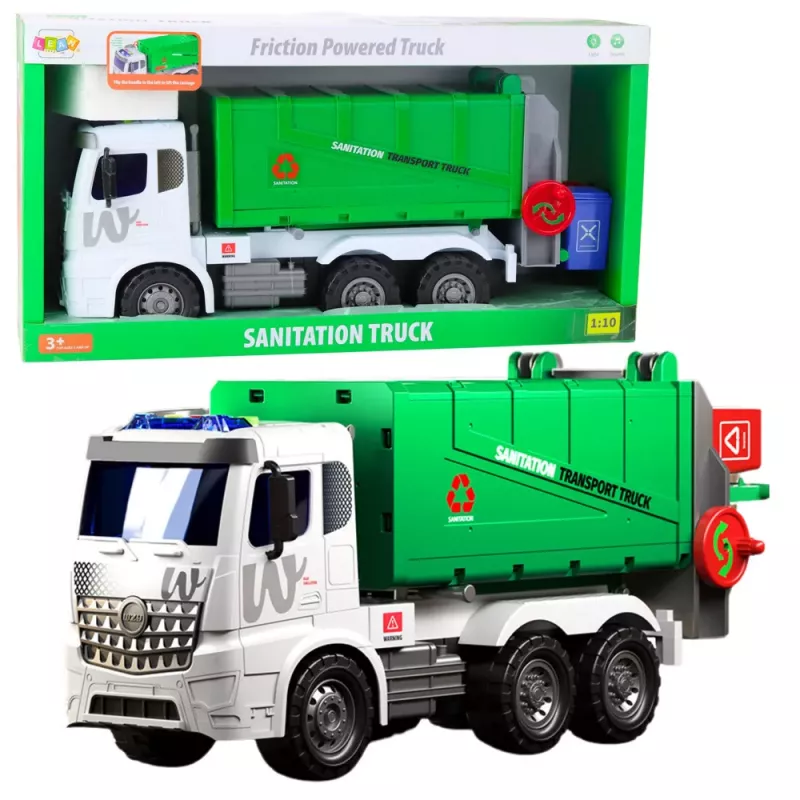 LEAN TOYS Duża Śmieciarka z Funkcją Podnoszenia 2 Pojemniki Światła Dźwięki Zielona 1:10