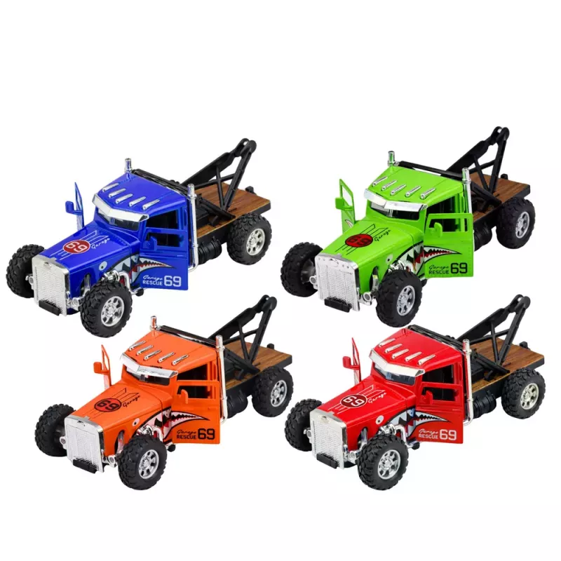 LEAN TOYS Classic Tow Truck With Pull-Back Drive, Metal, Opening Doors, 1:32 Mix