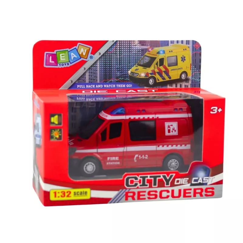 LEAN TOYS Wóz Strażacki Metalowy Pull Back Światła Dźwięki Czerwony 1:32