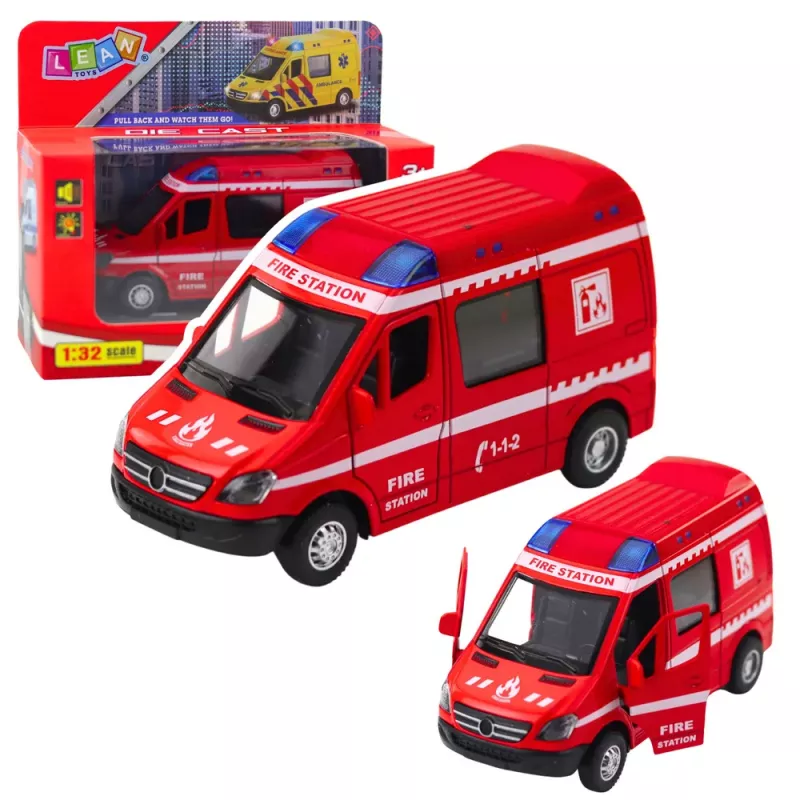 LEAN TOYS Wóz Strażacki Metalowy Pull Back Światła Dźwięki Czerwony 1:32