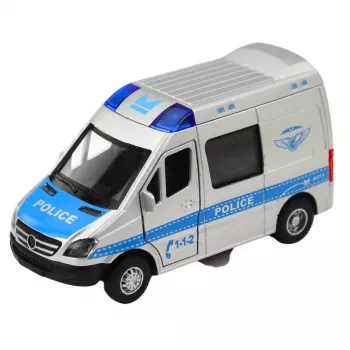 LEAN TOYS Metalowy Samochód Policyjny z Silnikiem Pull-Back, Światłami i Dźwiękami 1:32