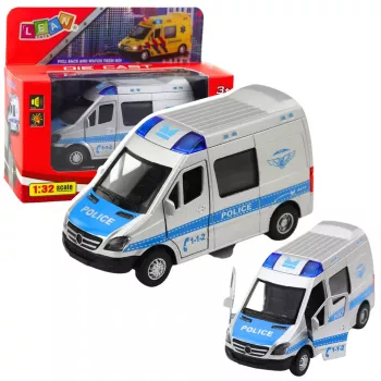 LEAN TOYS Metalowy Samochód Policyjny z Silnikiem Pull-Back, Światłami i Dźwiękami 1:32