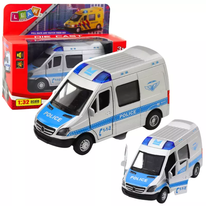 LEAN TOYS Metalowy Samochód Policyjny z Silnikiem Pull-Back, Światłami i Dźwiękami 1:32