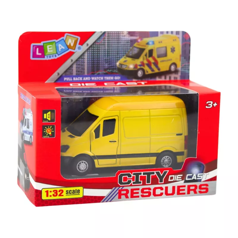 LEAN TOYS Metalowy Furgon Dostawczy z Napędem Pull-Back, Światłami i Dźwiękami, Żółty, Skala 1:32