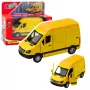 LEAN TOYS Metalowy Furgon Dostawczy z Napędem Pull-Back, Światłami i Dźwiękami, Żółty, Skala 1:32