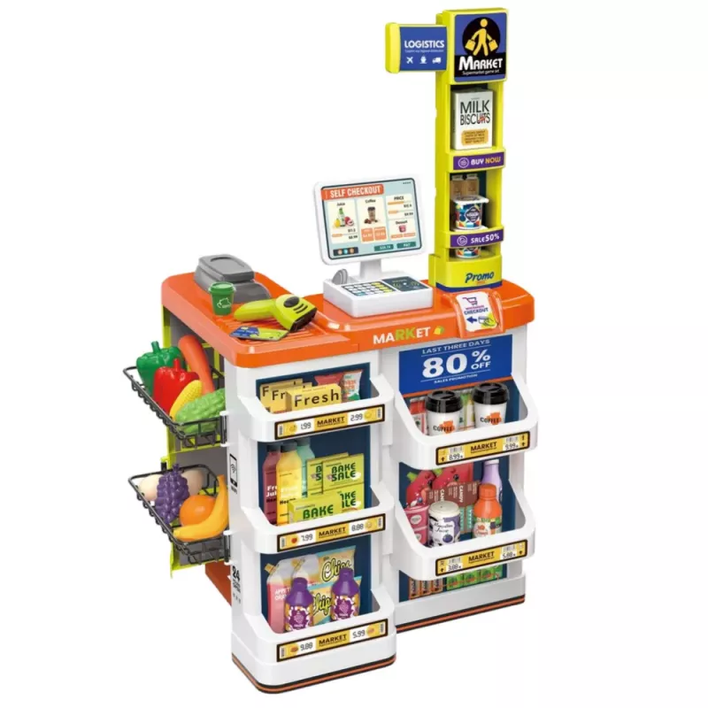 LEAN TOYS Zestaw Sklepowy Kasa, Wózek, Skaner, Supermarket, Sklep dla Dzieci